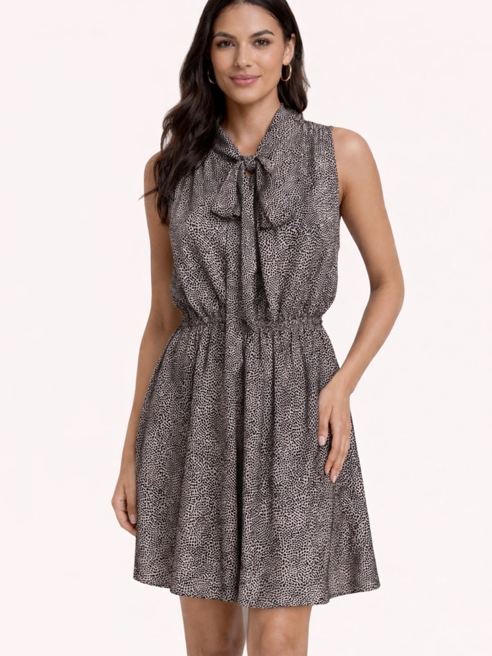 Velvet Heart Sleeveless Tie Neck Mini Dress Taupe Print Size L - Picture 4 of 9